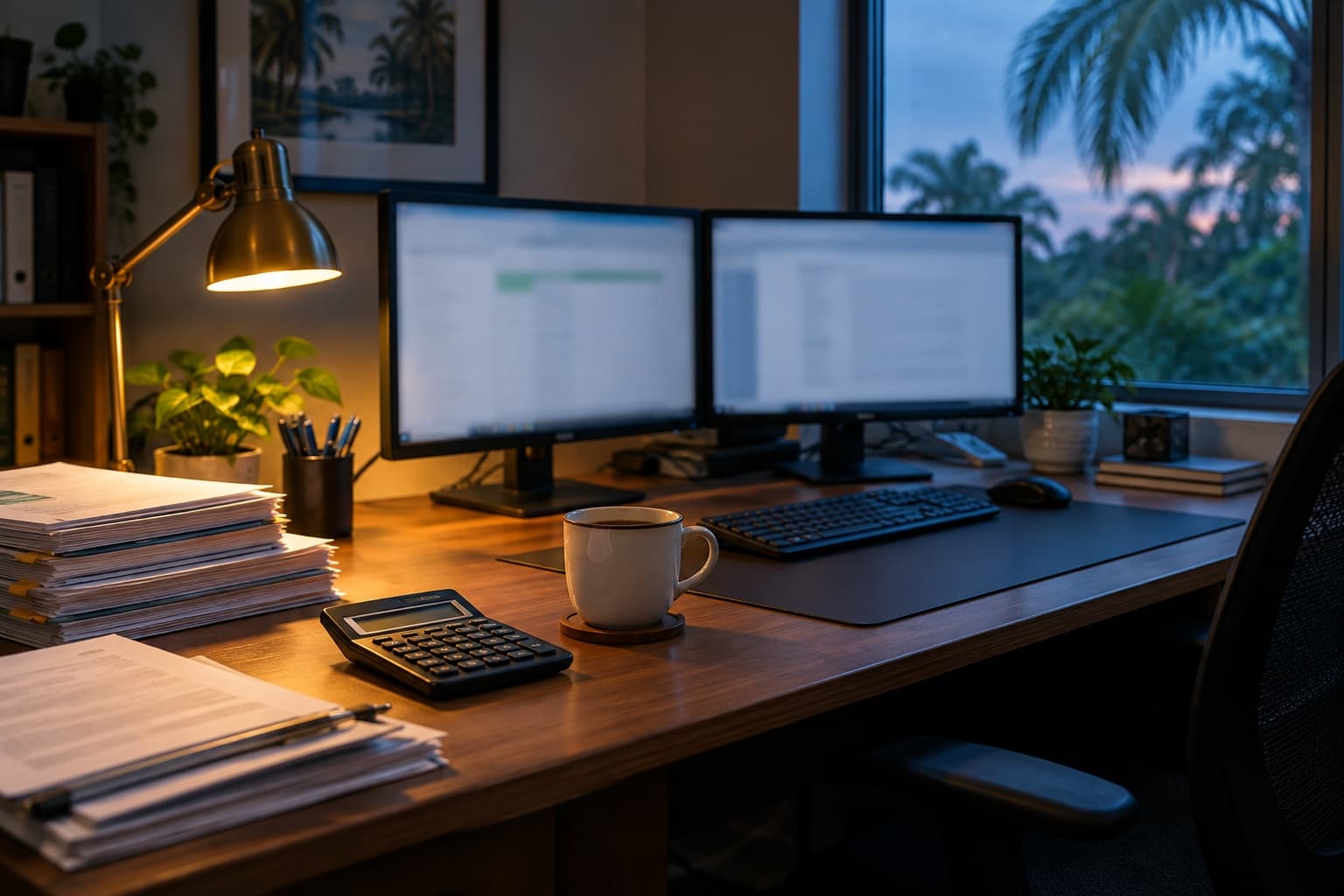 An accountant's desk at dusk with dual monitors showing spreadsheets, stacked paper files, and a calculator