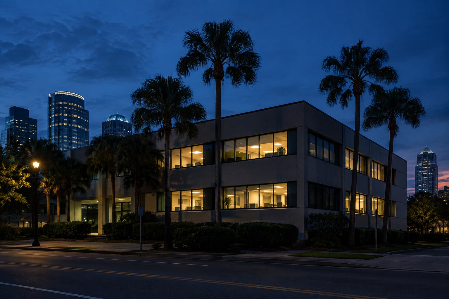 An office building lit up at dusk with palm trees in front and a city skyline behind it
