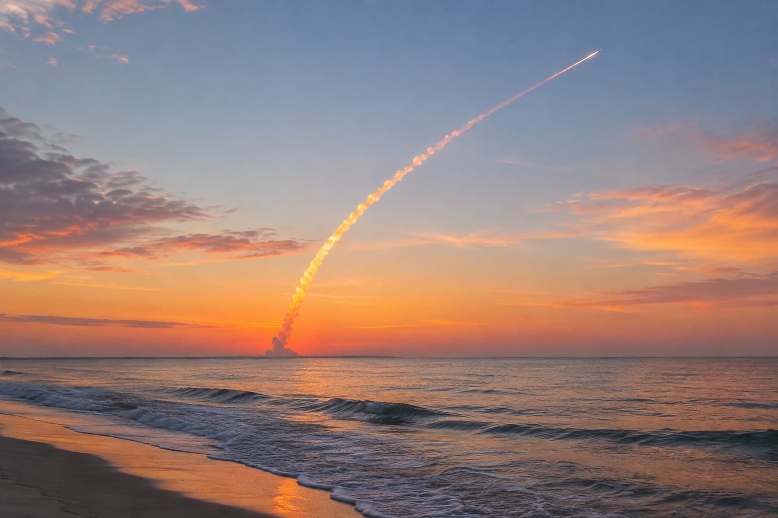 A rocket climbing into a vivid orange sunset sky, seen from a Florida beach with waves rolling in below