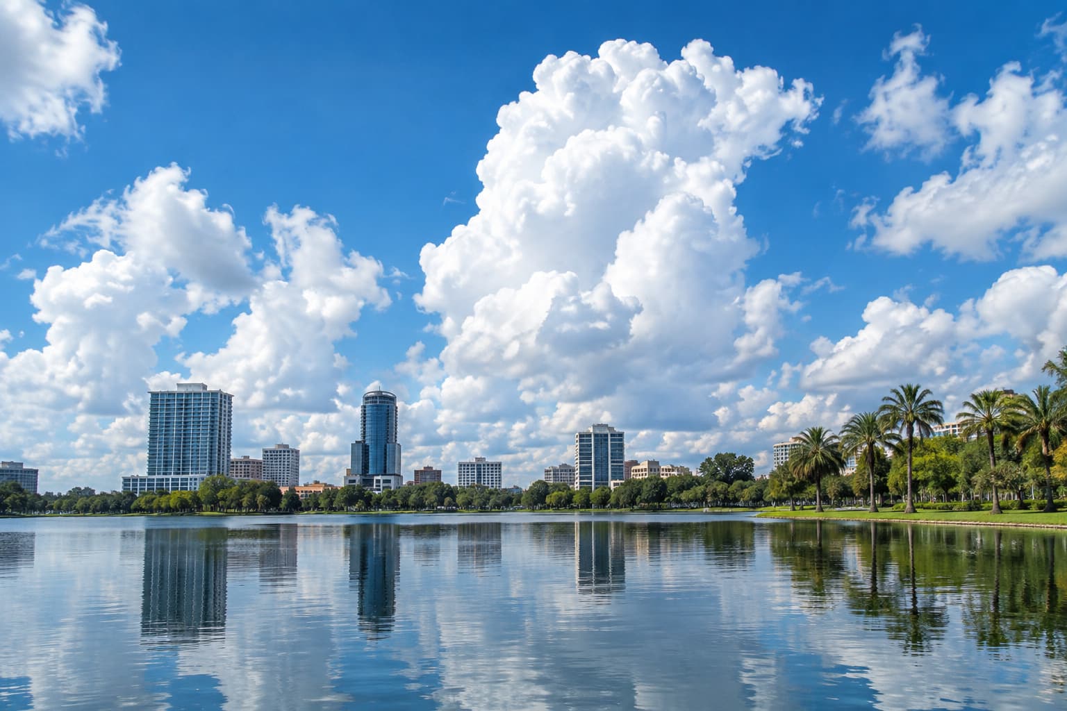 Downtown Orlando high-rises and palm trees reflected in a calm lake beneath a large white cumulus cloud