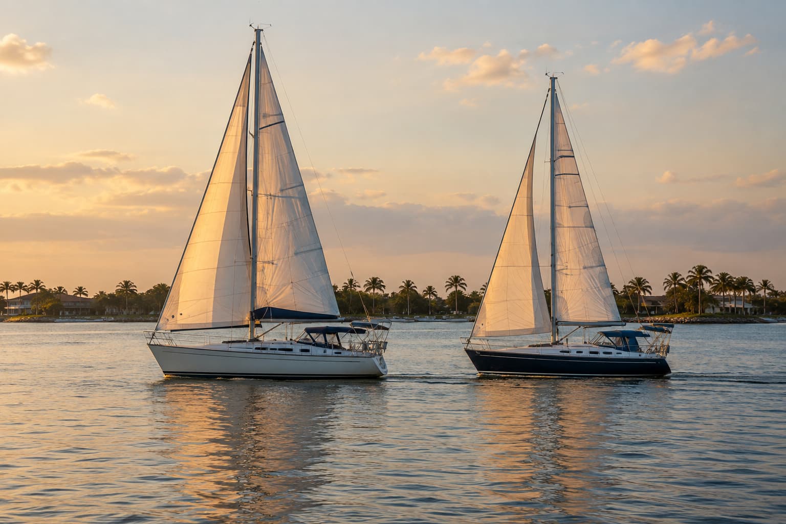 Two sailboats moving together across the water at sunset, a palm-lined shore in the background