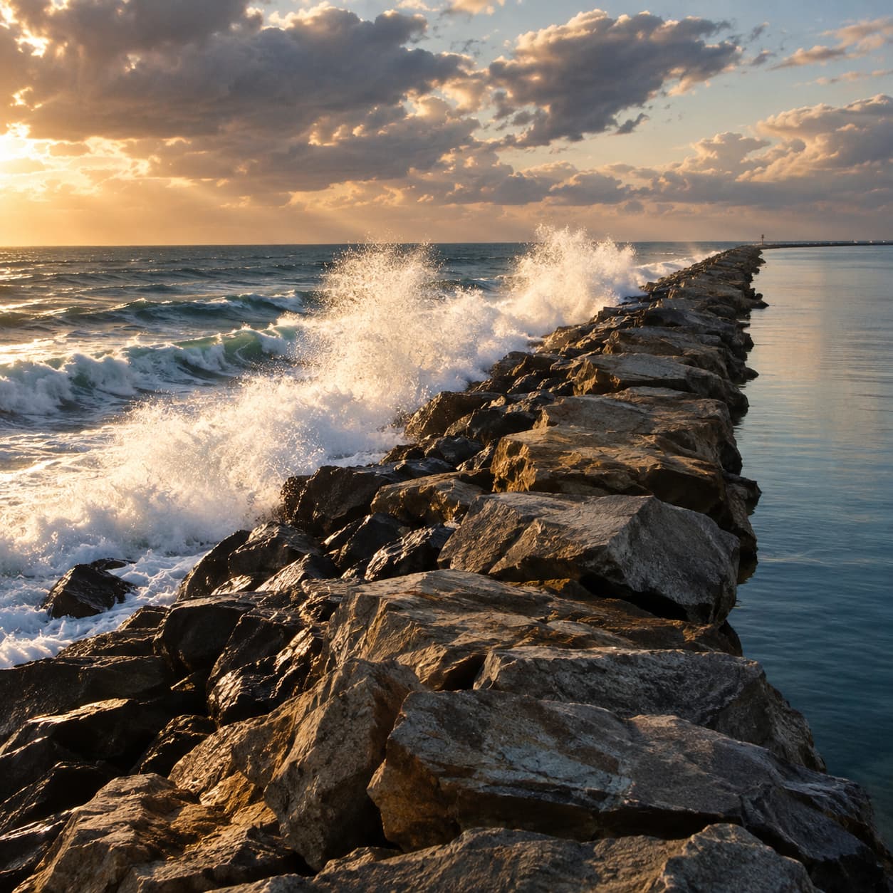 A stone jetty separating rough waves from calm water at sunset