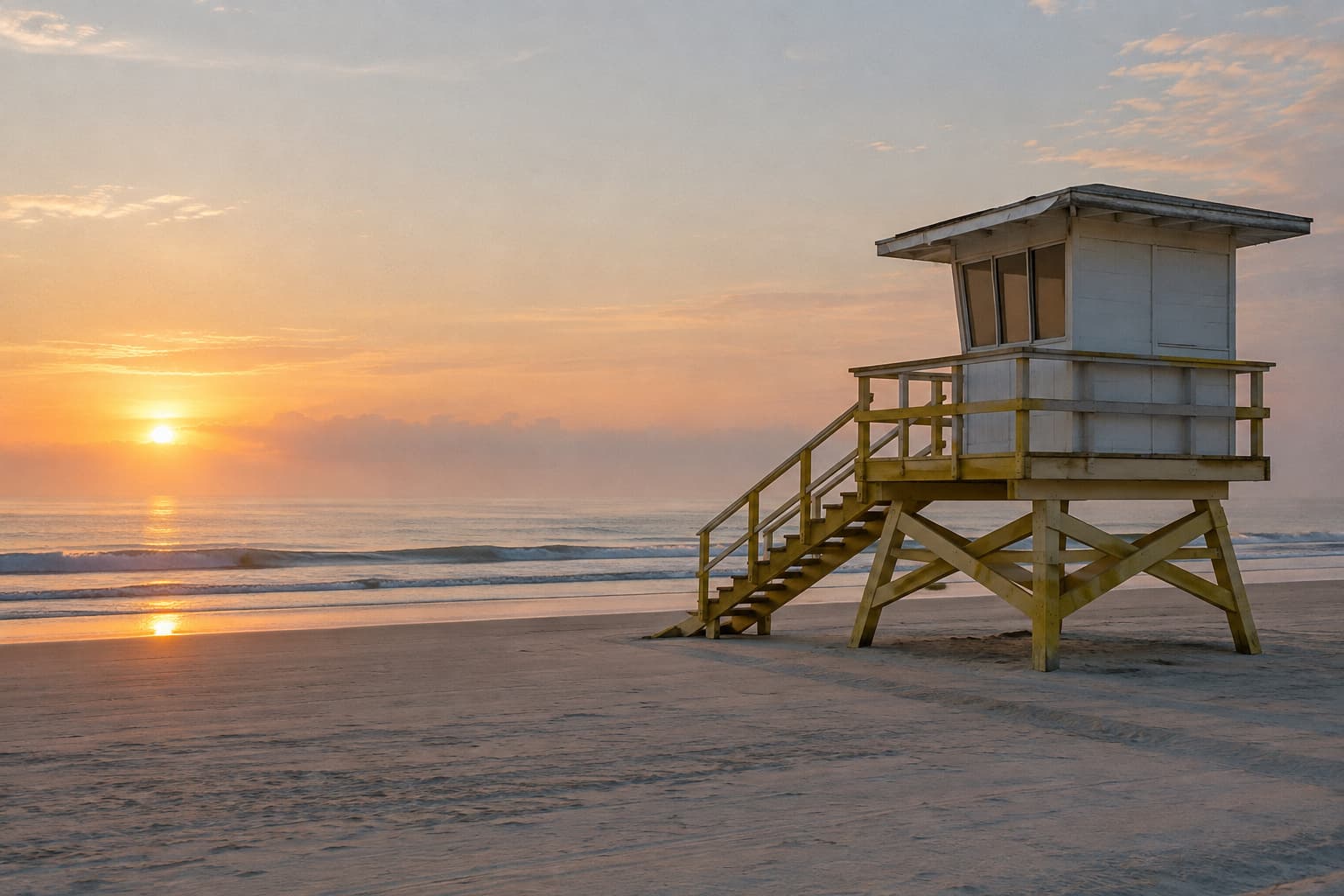 An elevated lifeguard tower on an empty beach at sunrise