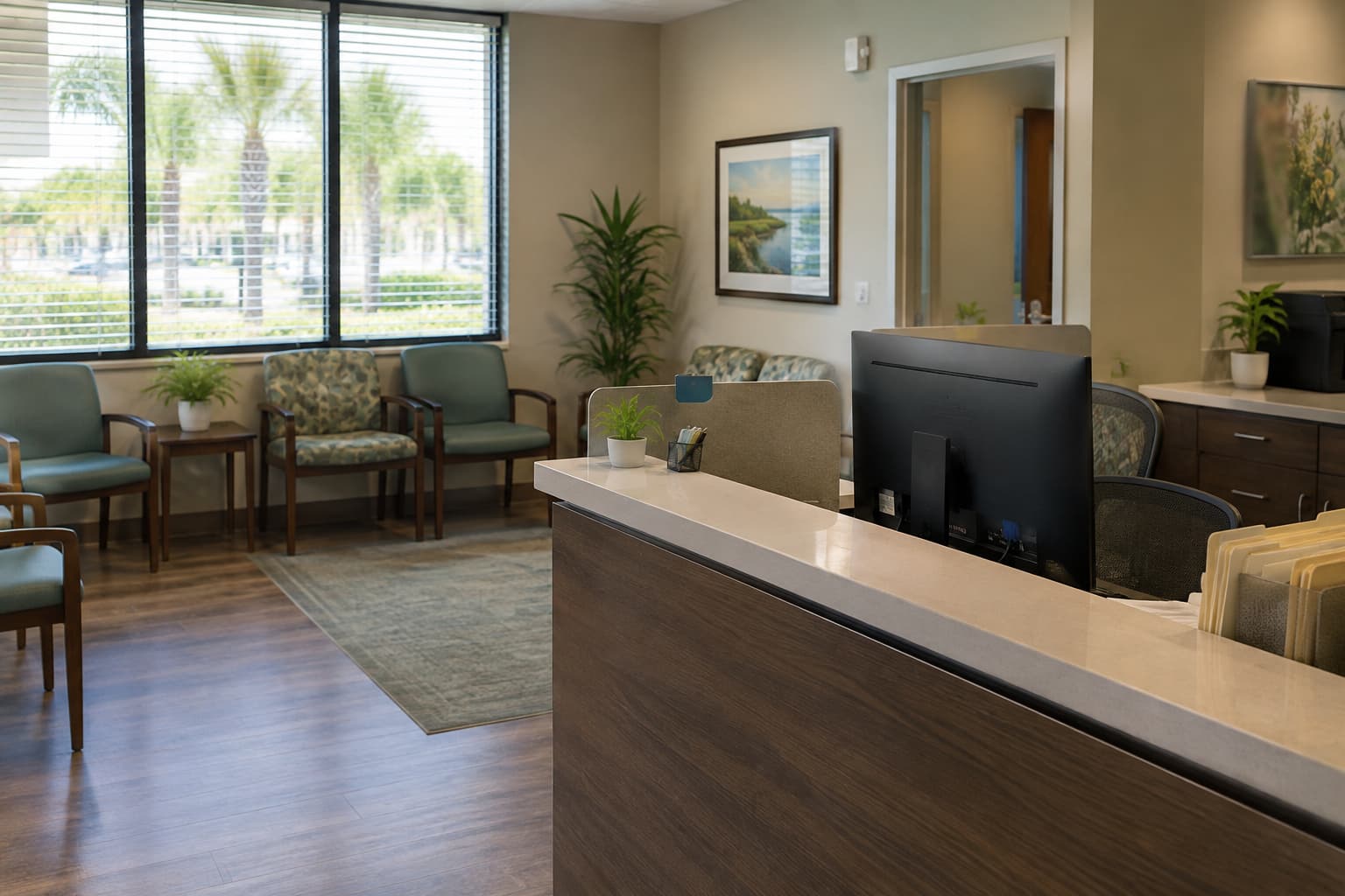 A medical practice's front desk and waiting area with a computer workstation and reception seating