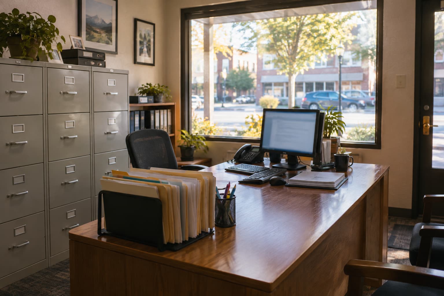 An insurance agent's office desk with file cabinets, client folders, and a computer, overlooking a downtown street