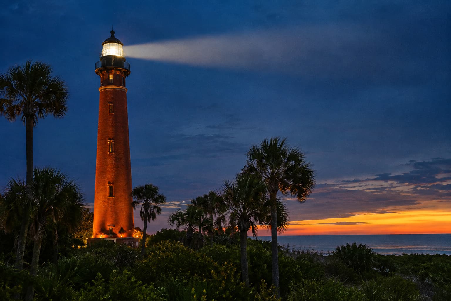 Ponce de Leon Inlet Lighthouse illuminated at dusk along the Florida coast