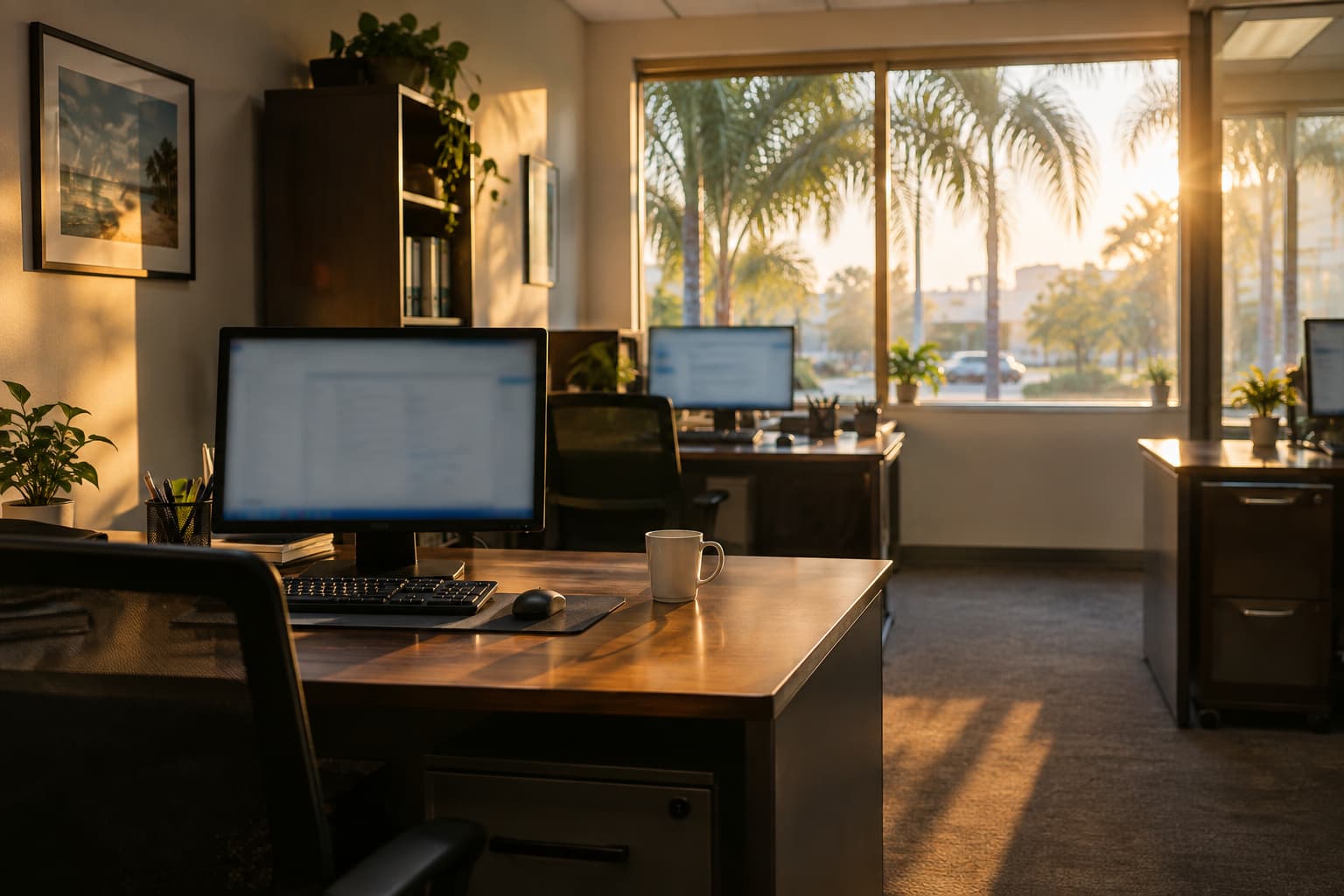 Sunlit office with multiple desktop computers and monitors, palm trees visible through the window