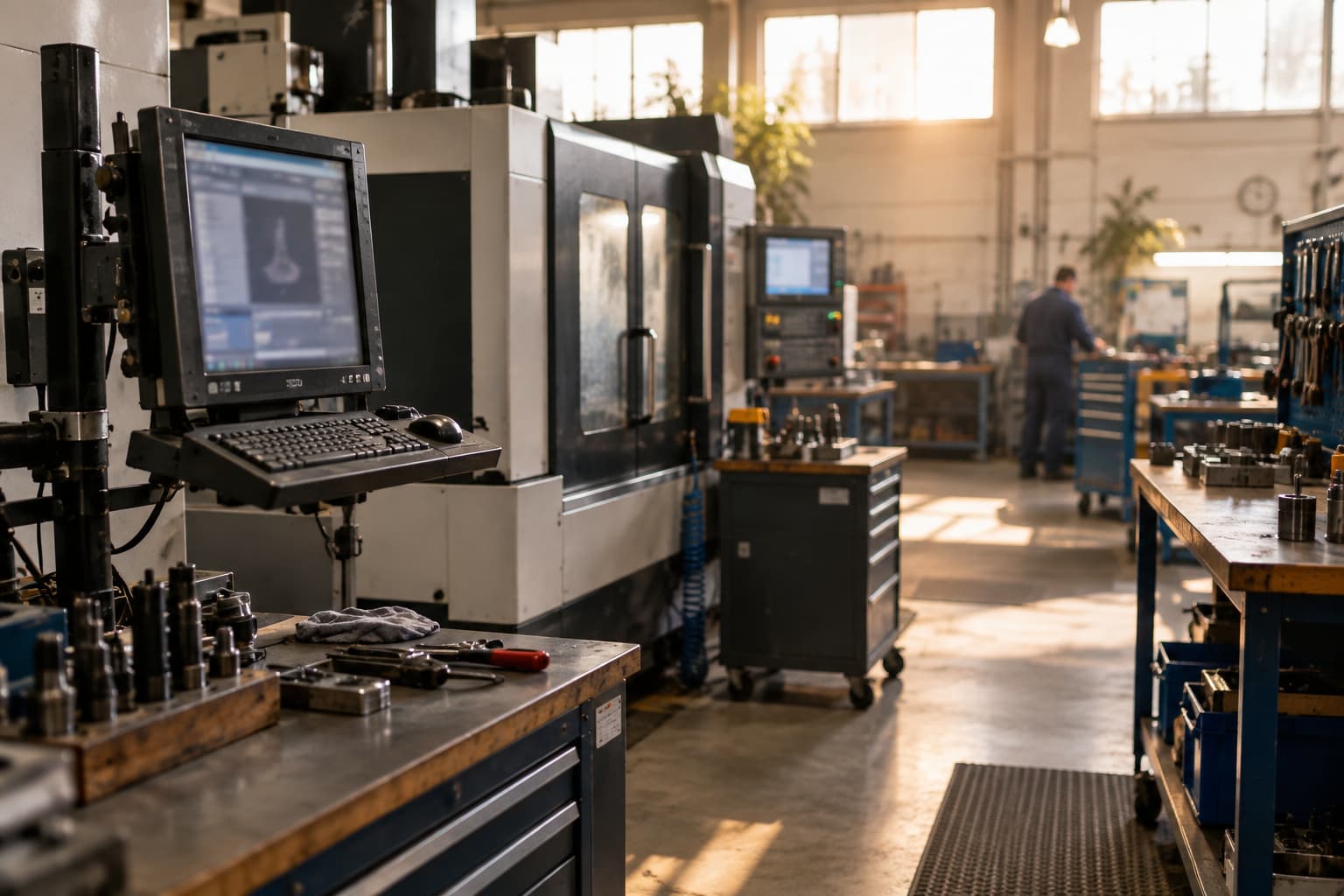 An interior view of a manufacturing shop floor with production equipment