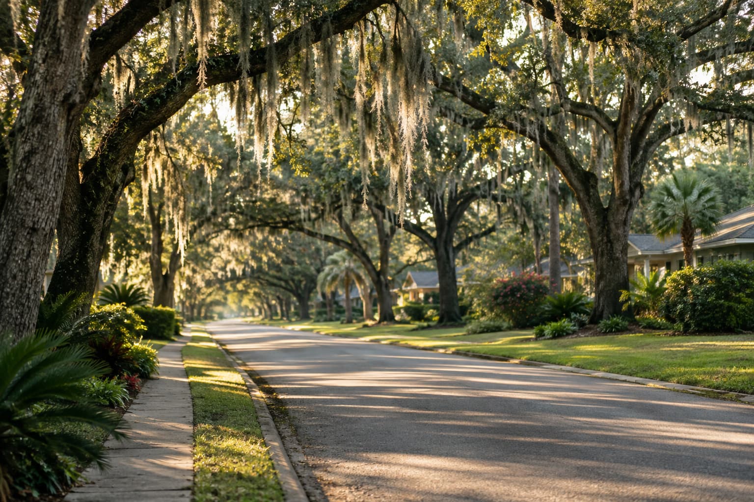 A shaded residential street in Central Florida lined with oak trees draped in Spanish moss