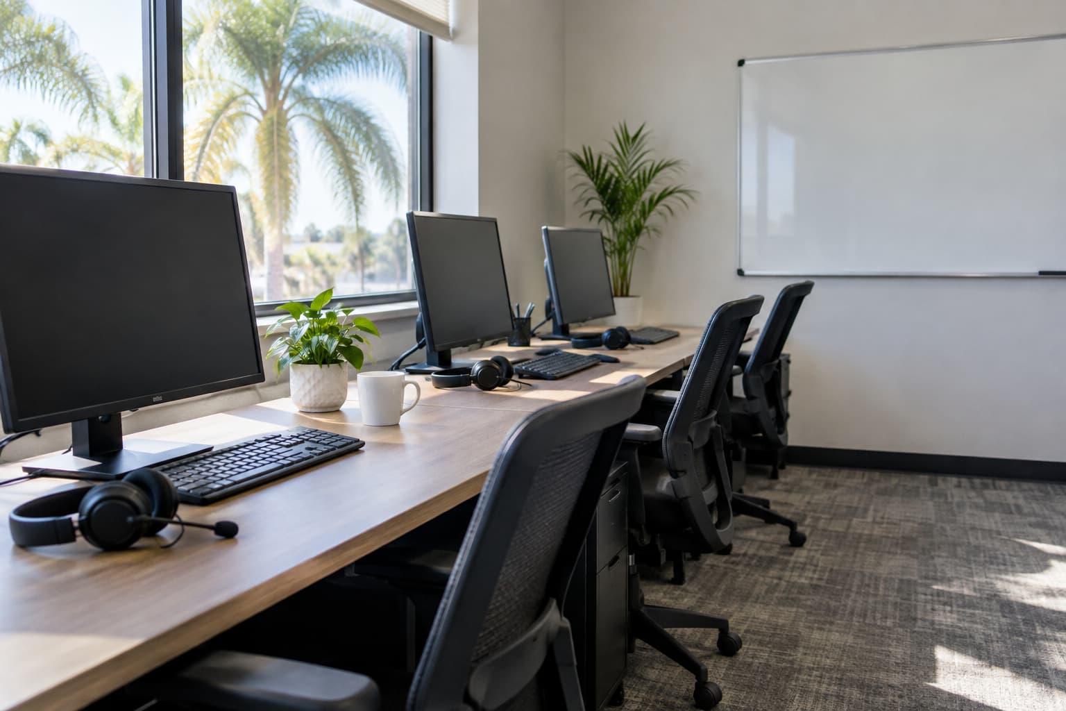 An empty help desk workstation with monitors, headsets, and a whiteboard, lit by windows looking out at palm trees