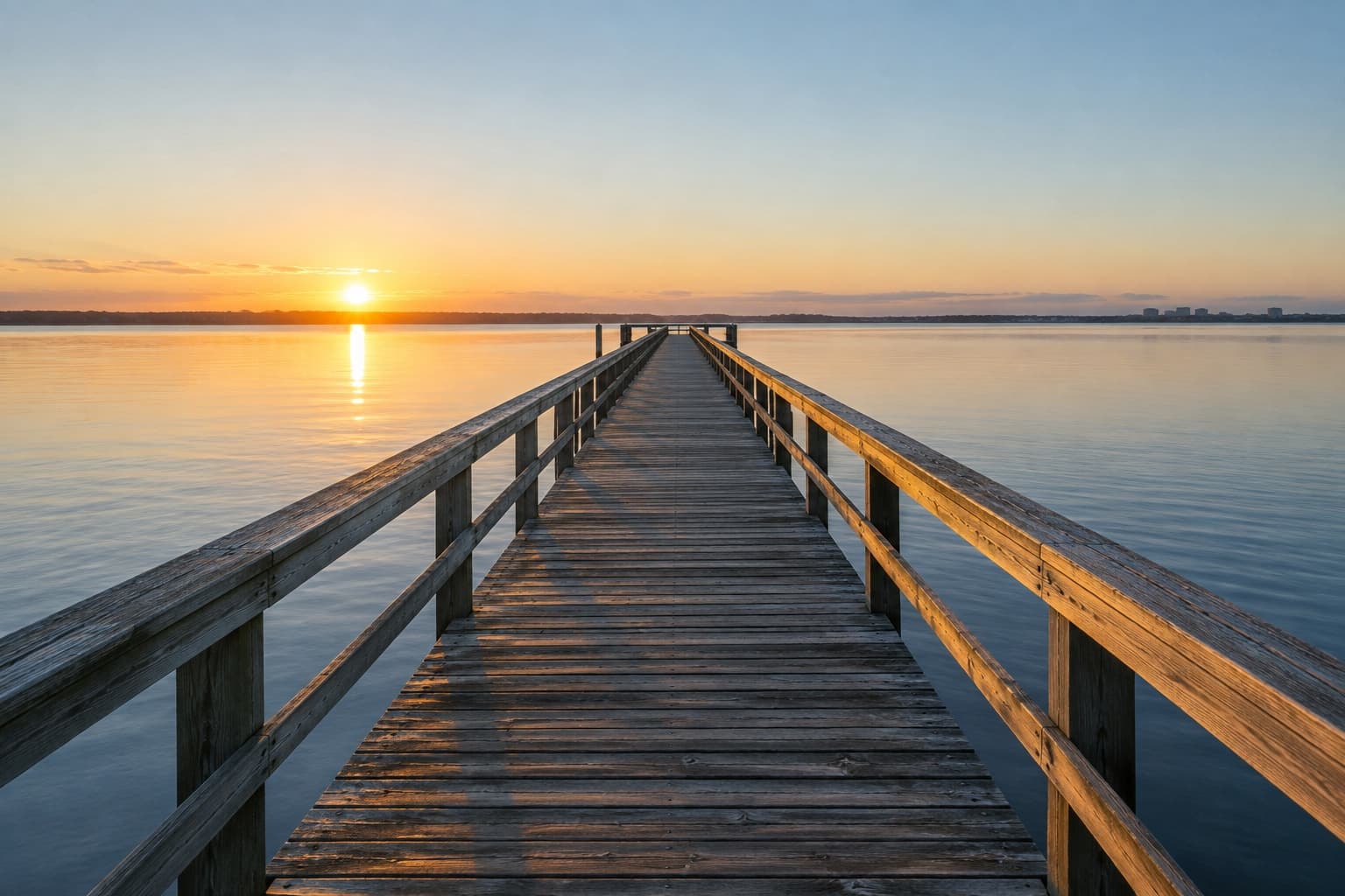 A long wooden pier stretching out over calm water toward the horizon at sunrise